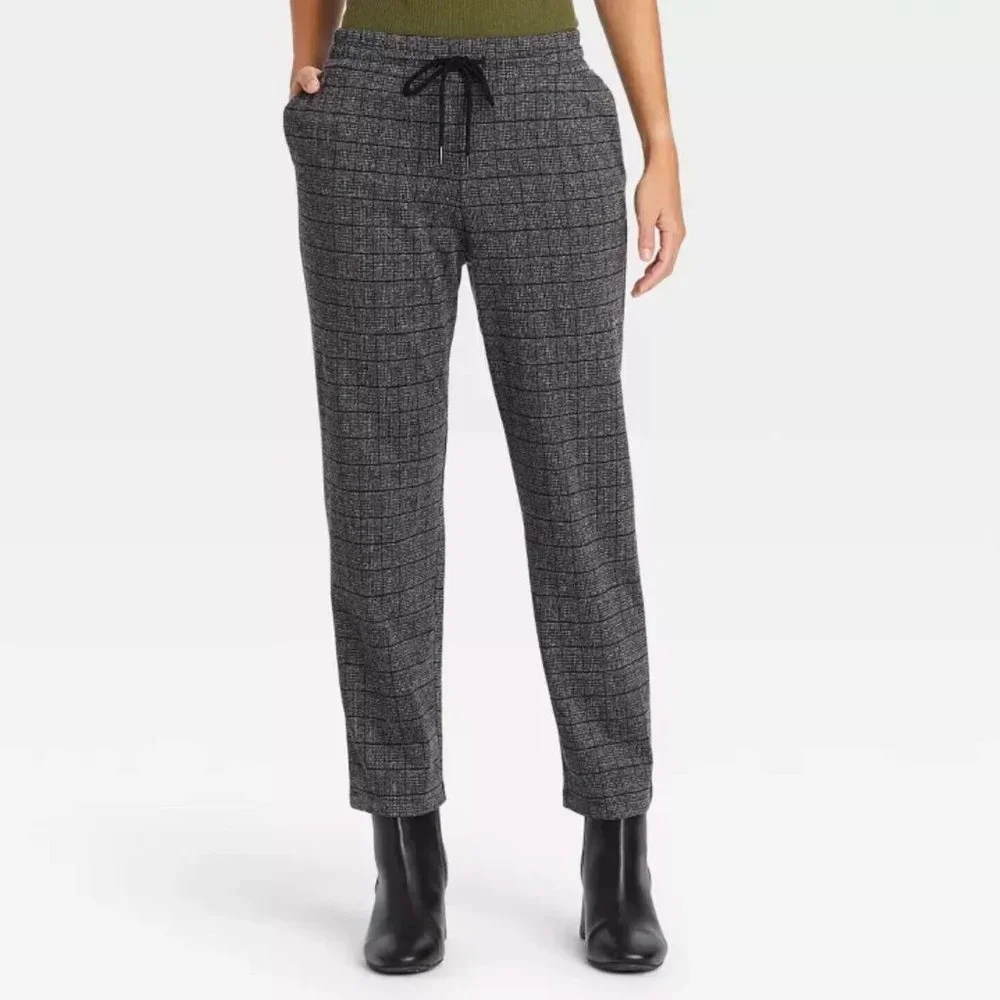 A New Day Pants Black Gray Plaid High Rise Pull On Straight Ankle
